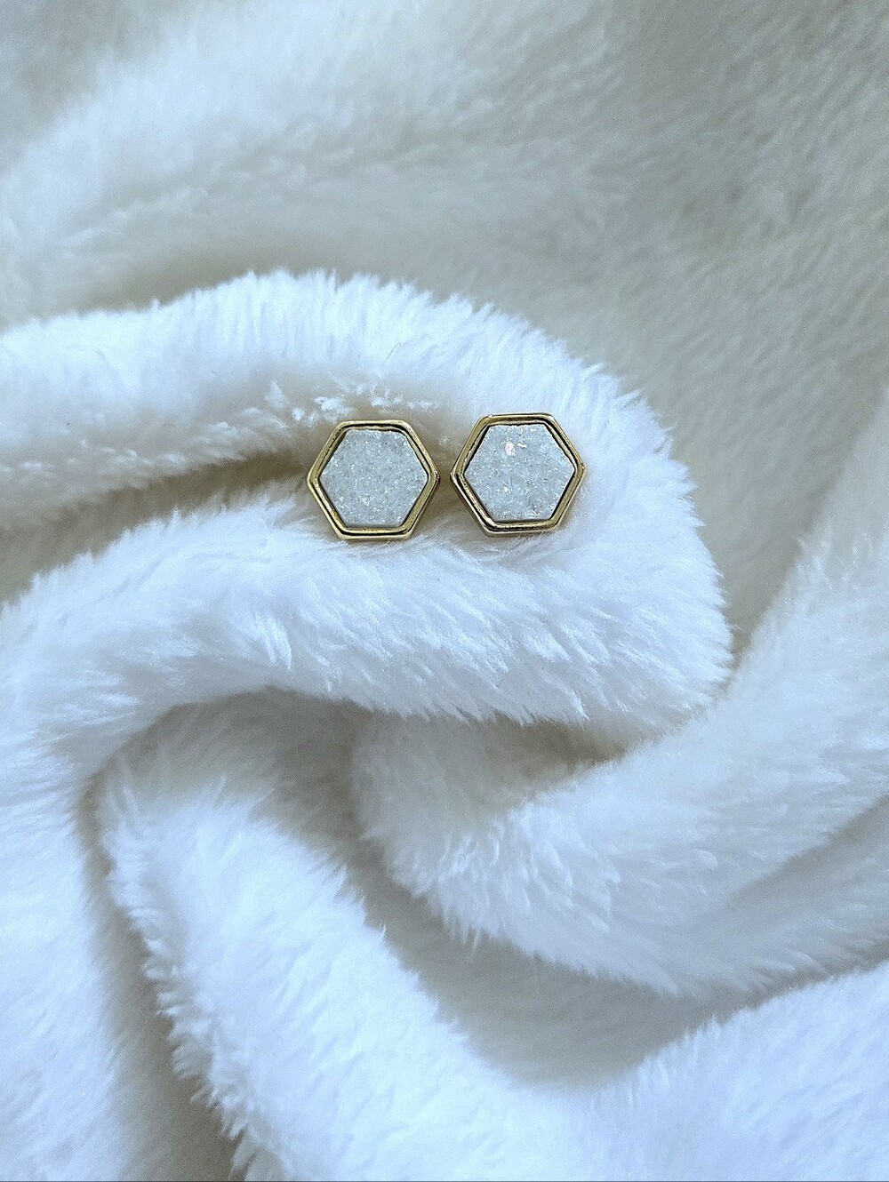 Luna🌙 Norte White Druzy Quartz Hexagon Earrings - Picture 11 of 16